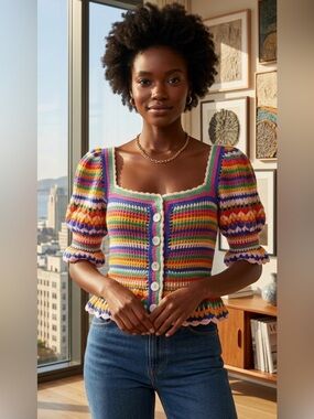 FARM Rio Multicolor Crocheted Puff-Sleeve Peplum Top
